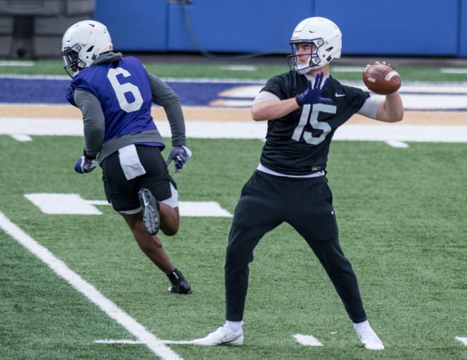 James Madison quarterback Gage Moloney throws during a practice last month at Bridgeforth Stadium. 