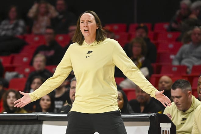 Jan 14, 2024; College Park, Maryland, USA; Purdue Boilermakers head coach Katie Gearlds reacts during the first half against the Maryland Terrapins t Xfinity Center. Mandatory Credit: Tommy Gilligan-USA TODAY Sports
