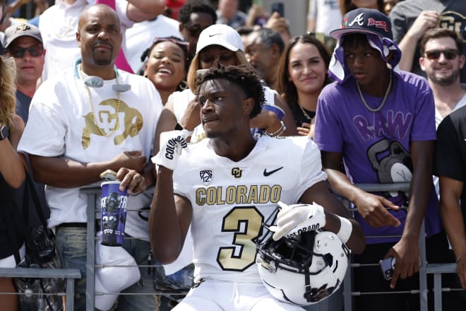 Colorado Buffaloes running back Dylan Edwards (3) celebrates with fans after the game against the TCU Horned Frogs at Amon G. Carter Stadium. Photo | Tim Heitman-USA TODAY Sports