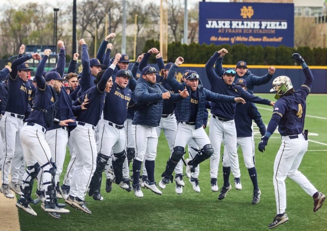 First baseman Carter Putz and his Notre Dame teammates celebrate a home run during ND's three-game sweep of No. 8 Virginia.