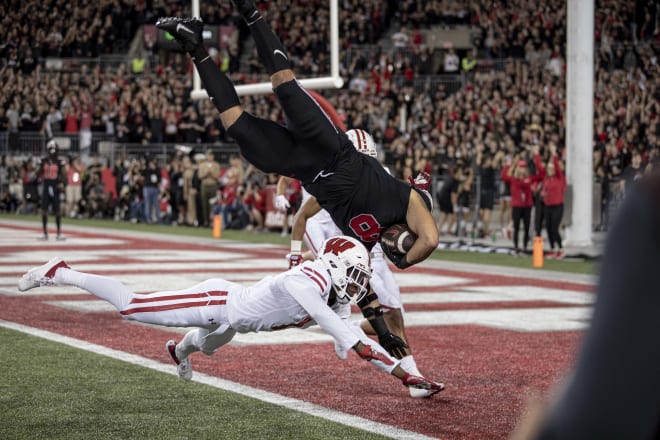 Ohio State tight end Cade Stover flips into the end zone against the Badgers. 