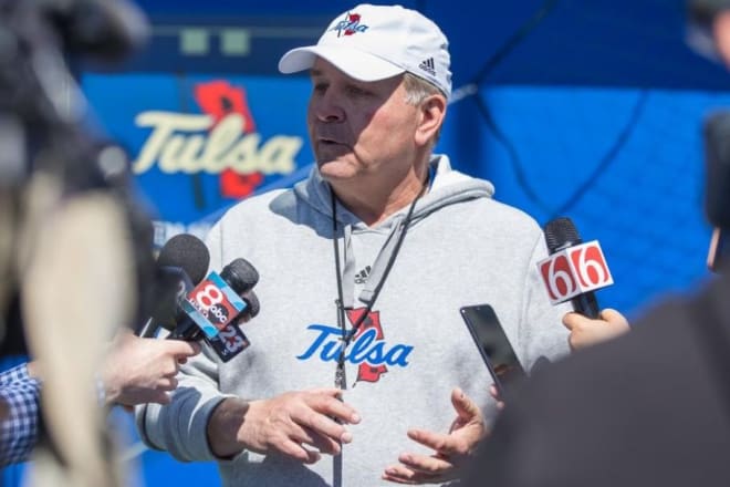 Tulsa head coach Kevin Wilson speaks to reporters at Springfest on April 1, 2023.