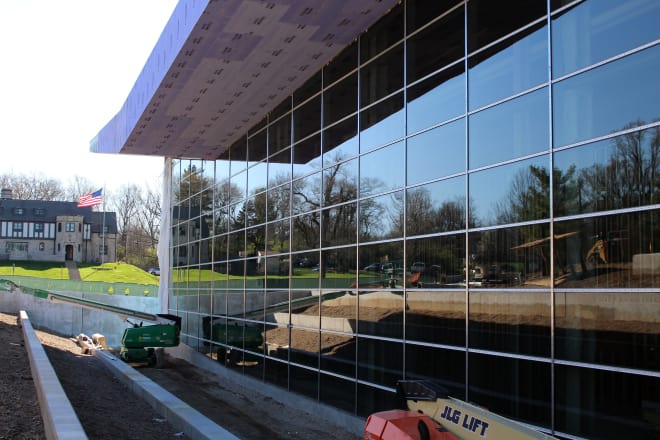 Much of the building will have walls of glass. Hunt Construction still is waiting on the final shipment of glass, which it should get May 1. This tinted glass looks onto the outdoor practice fields.