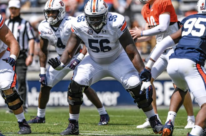 Left guard Tashawn Manning blocks during A-Day.