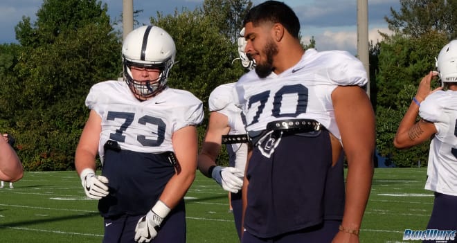 Mike Miranda (left) and Juice Scruggs at a Penn State practice last August.