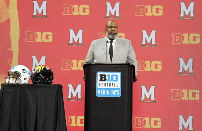 Marland head coach Mike Locksley speaks at Big Ten Media Days        Credit: Big Ten Conference