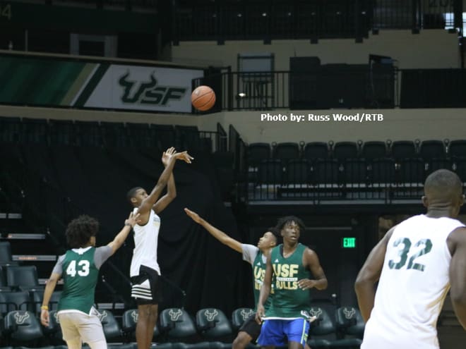 Class of 2021 guard Kanye Jones releases a three-point attempt at the USF Elite Camp.