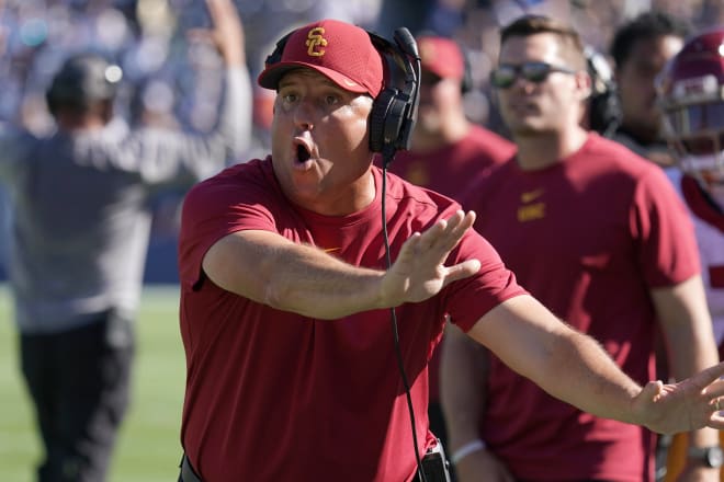 USC coach Clay Helton during the Trojans' eventualy 30-27 overtime loss at BYU.