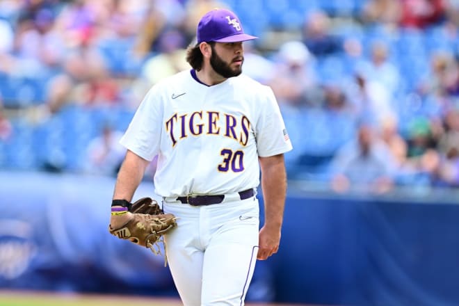 LSU reliever Nate Ackenhausen threw 3.2 shutout innings in the Tigers' 10-3 SEC second-round tournament win over South Carolina Wednesday in Hoover, Ala.
