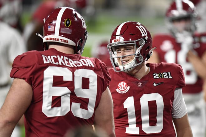 Former Alabama Crimson Tide center Landon Dickerson, left, and quarterback Mac Jones. Photo | Getty Image