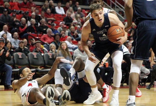 Koulechov (4) hustles for the ball in a contest between Rice and Texas Tech