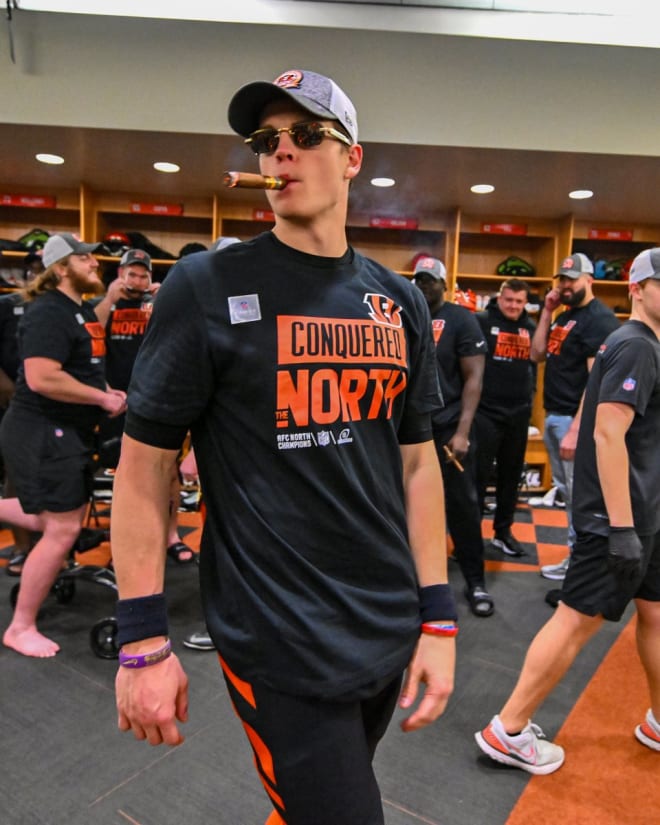 Former LSU QB Joe Burrow of the Cincinnati Bengals celebrates his team winning the AFC North Division championship Sunday. The Bengals finished the regular season 12-4, winning eight straight games after a 4-4 start. 