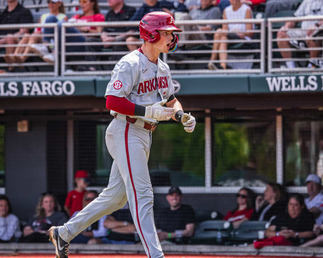 Arkansas catcher Hudson Polk celebrates his second home run of the season during Saturday's 9-8 road loss against the Bulldogs.