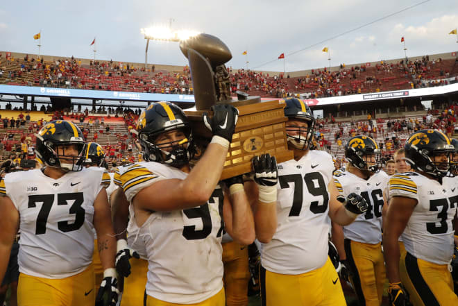 Iowa Hawkeyes with the Cy-Hawk Trophy