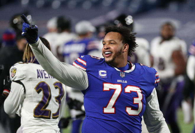 Dion Dawkins celebrates after the Bills' 17-3 playoff win over the Baltimore Ravens last season. 