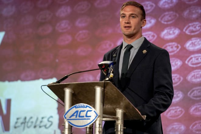 Phil Jurkovec speaks at the 2022 ACC Kickoff in July (Photo: Jim Dedmon-USA TODAY Sports).
