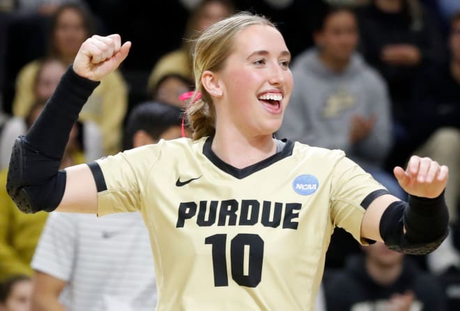 Purdue defensive specialist Ali Hornung (10) celebrates during the NCAA Women s Volleyball Tournament match against the Fairfield, Thursday, Nov. 30, 2023, at Holloway Gymnasium in West Lafayette, Ind. Purdue won 3-0.