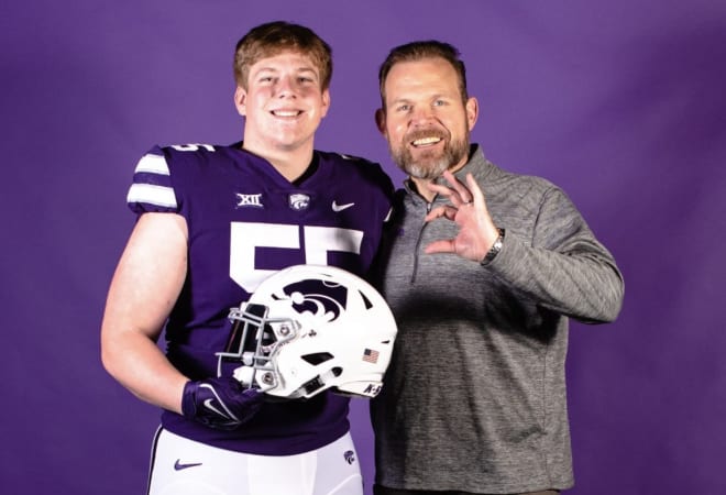 Kyle Rakers with K-State OL Coach Conor Riley during Rakers' spring visit