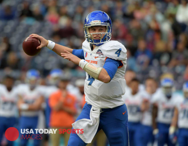 Boise State Broncos quarterback Brett Rypien (4) throws a pass against the Northern Illinois   Huskies in the 2015 Poinsettia Bowl at Qualcomm Stadium.