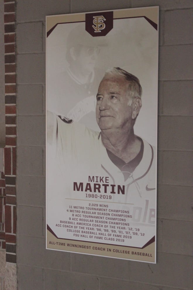 A banner that honors Mike Martin Sr. at Dick Howser Stadium