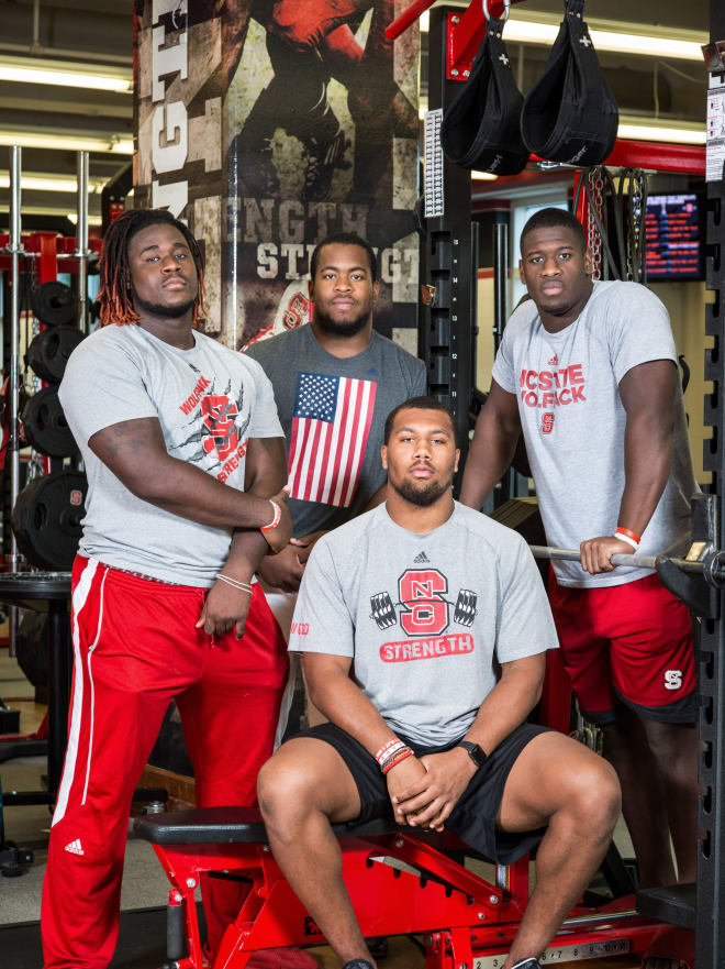 NC State's four senior defensive linemen are all going to be drafted, according to Kiper (from left to right: Justin Jones, B.J. Hill, Bradley Chubb, Kentavius Street).