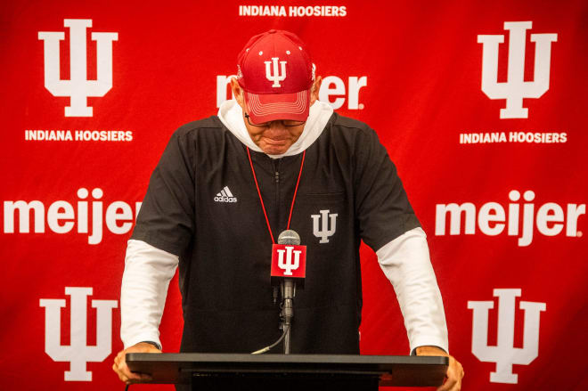 Allen addresses the media at the introduction of Rod Carey as Indiana's new offensive coordinator. (Rich Janzaruk/Herald Times)