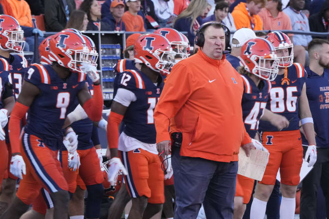 Illinois head coach Bret Bielema watches his players during an NCAA college football game against Wisconsin Saturday, Oct. 21, 2023, in Champaign, Ill.