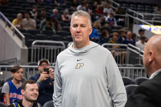 Oct 22, 2022; Indianapolis, Indiana, USA; Purdue men s basketball coach Matt Painter attends the game to support former Purdue player Detroit Pistons guard Jaden Ivey (not pictured) as they play against the Indiana Pacers at Gainbridge Fieldhouse. Mandatory Credit: Trevor Ruszkowski-USA TODAY Sports © Trevor Ruszkowski-USA TODAY Sports