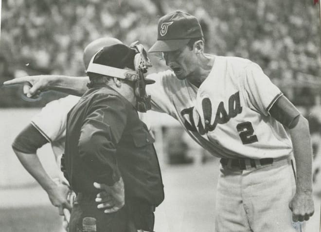 TU baseball coach Gene Shell argues a call at the College World Series in 1971.