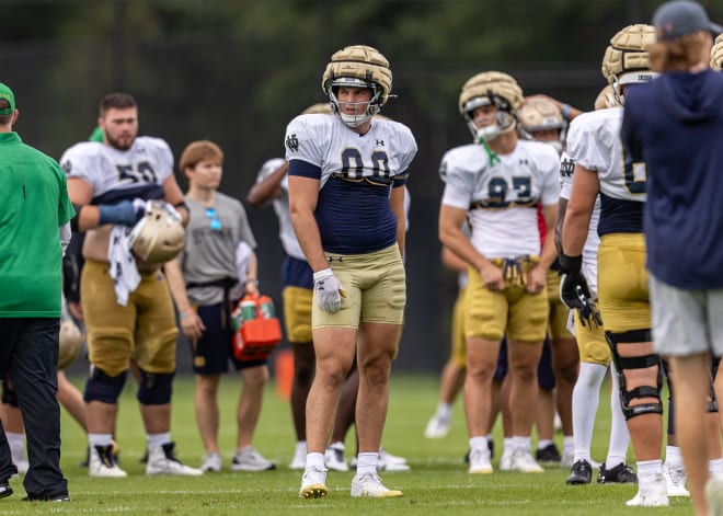 Notre Dame tight end Mitchell Evans (88) gets set to run a drill during Tuesday's Irish football practice.