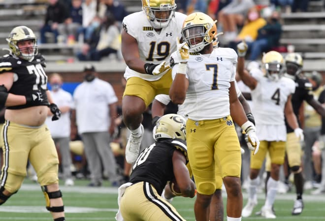 Sophomore defensive end Isaiah Foskey was one of four Irish players to sack Georgia Tech quarterbacks a season high five times.