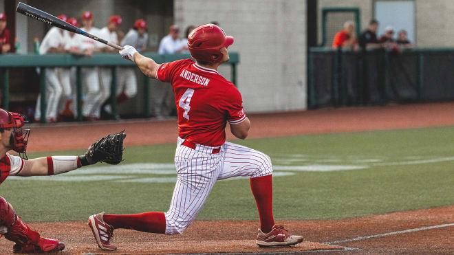 Sophomore infielder Max Anderson follows through on a swing.