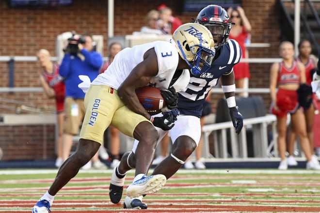 Isaiah Epps catches a touchdown pass against Ole Miss on Saturday, Sept. 24, 2022.