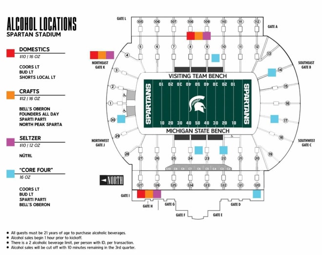 A stadium map of alcohol sale locations issued by Michigan State