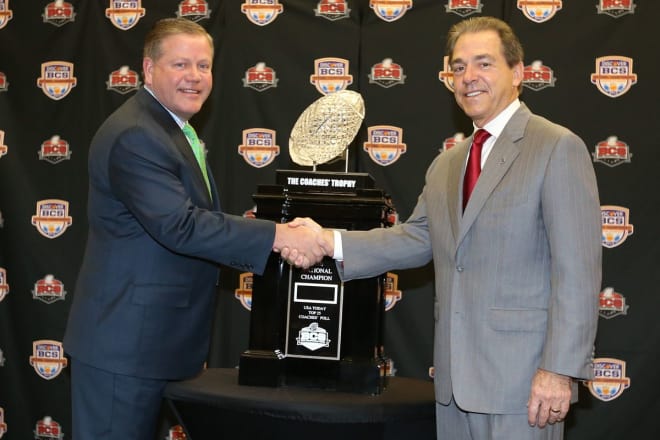 Brian Kelly and Nick Saban prior to the 2013 BCS Championship showdown.