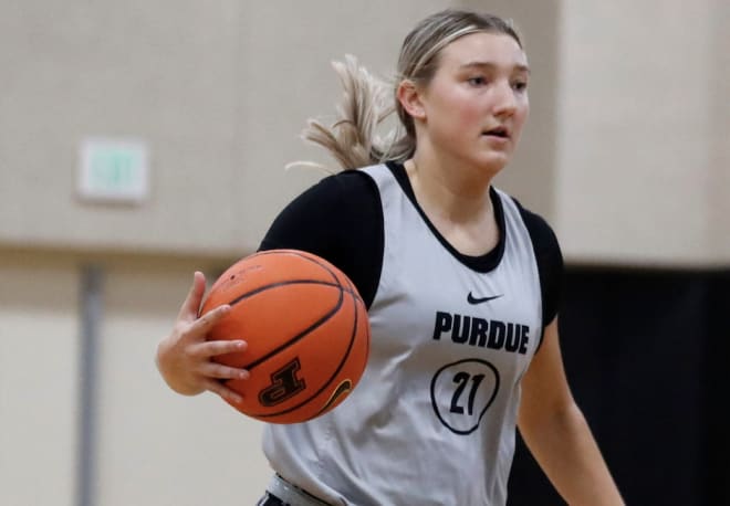 Purdue Boilermakers guard Emily Monson (21) drives to the basket during a basketball practice, Thursday, Oct. 5, 2023, at Cardinal Court in West Lafayette, Ind.