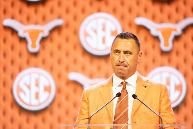 Texas head coach Steve Sarkisian speaking at Omni Dallas Hotel. Mandatory Credit: Brett Patzke-USA TODAY Sports