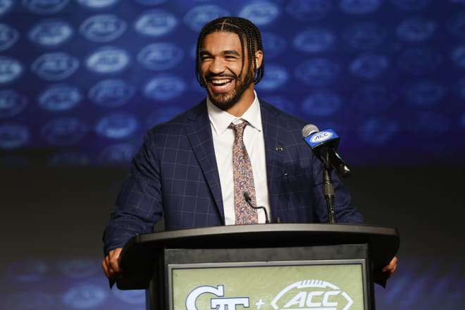 Yondjouen at the podium at the ACC Kickoff on Tuesday