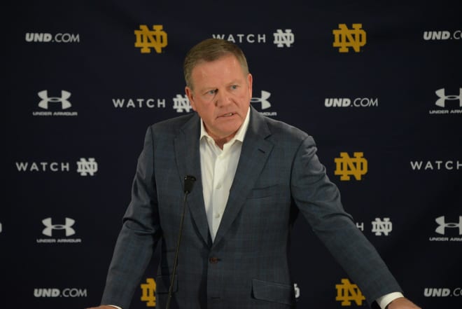 Notre Dame football coach Brian Kelly addresses the media during the opening press conference for spring practice  Tuesday March 7, 2017. (Blue and Gold Photo/Joe Raymond)
