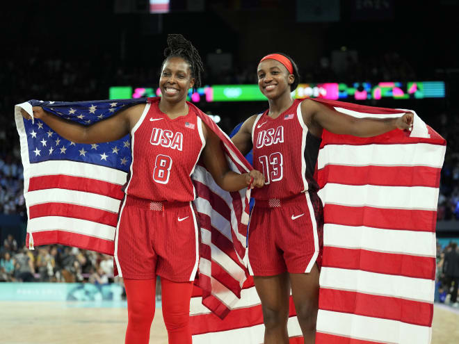 Chelsea Gray, left, and former Notre Dame star Jackie Young, right, helped lead Team USA to a gold in Paris.