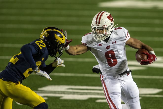 Wisconsin Badgers football freshman running back Jalen Berger racked up 87 yards and a touchdown in Wisconsin’s blowout victory over Michigan in 2020. 