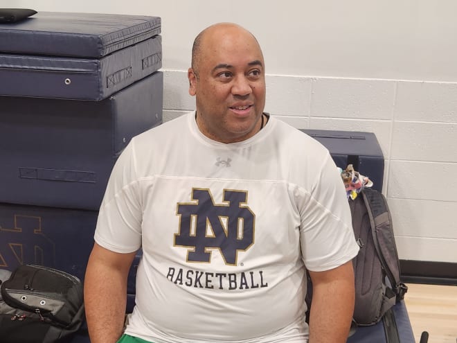 First-year Notre Dame men's basketball coach Micah Shrewsberry chats with the media before a Tuesday afternoon workout for his team.