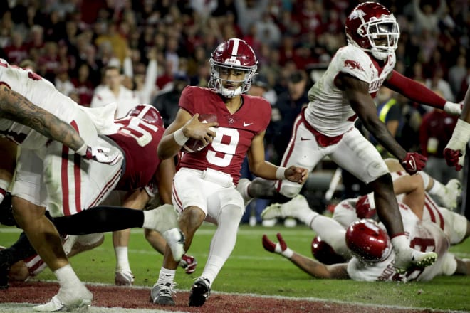 Alabama Crimson Tide quarterback Bryce Young (9) carries the ball in for a two point conversion against the Arkansas Razorbacks during the second half at Bryant-Denny Stadium. Photo | USA Today