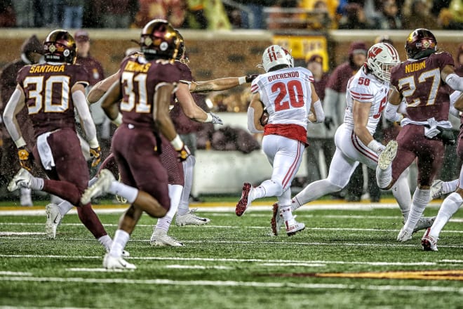 Wisconsin's Isaac Guerendo on his 49-yard kickoff return vs. Minnesota.