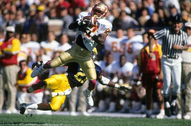 Terrell Buckley steps in front of Desmond Howard for a pick-six in the 1991 win over Michigan.