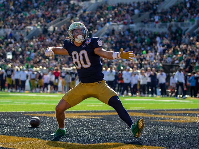 Notre Dame wide receiver Jordan Faison celebrates his touchdown reception in a 40-8 win over Oregon State in Friday's Sun Bowl.