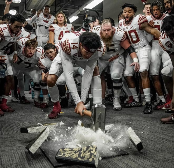 FSU wide receiver Johnny Wilson breaks the rock after the Seminoles' 35-31 win at Louisville on Sept. 16, 2022.