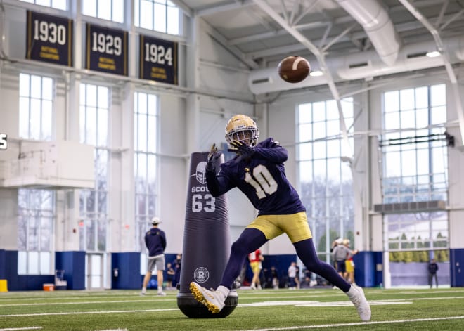 Grad transfer Kris Mitchell (10) was one of several newcomers at the wide receiver position who made a strong first impression Thursday at Notre Dame spring football practice. 
