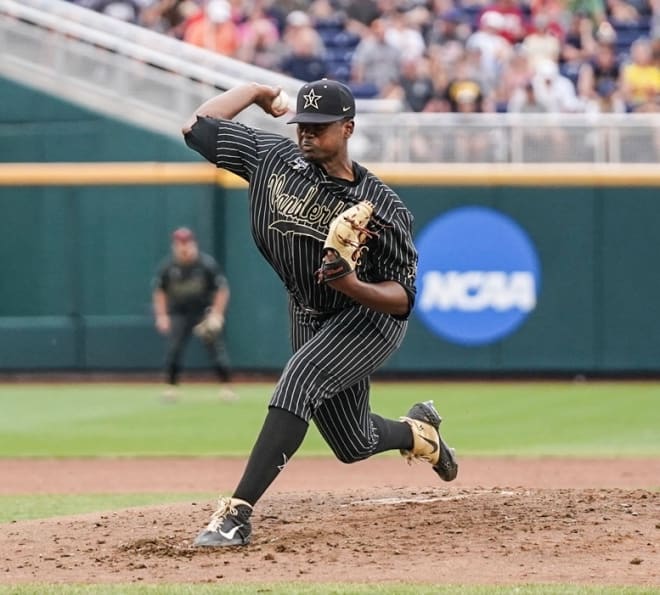 Kumar Rocker delivers a pitch in Vanderbilt's Tuesday College World Series game.