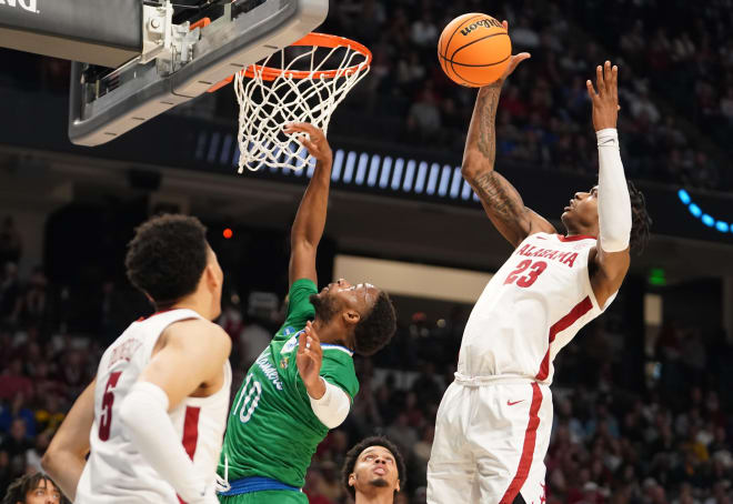 Alabama Crimson Tide forward Nick Pringle (23) grabs a rebound against Texas A&M-CC Islanders forward Isaac Mushila (10) during the first half in the first round of the 2023 NCAA Tournament at Legacy Arena. Photo | Marvin Gentry-USA TODAY Sports